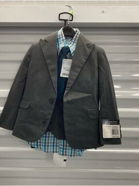 Boys Charcoal Gray 3-Piece Matching Set with Blue Plaid Shirt